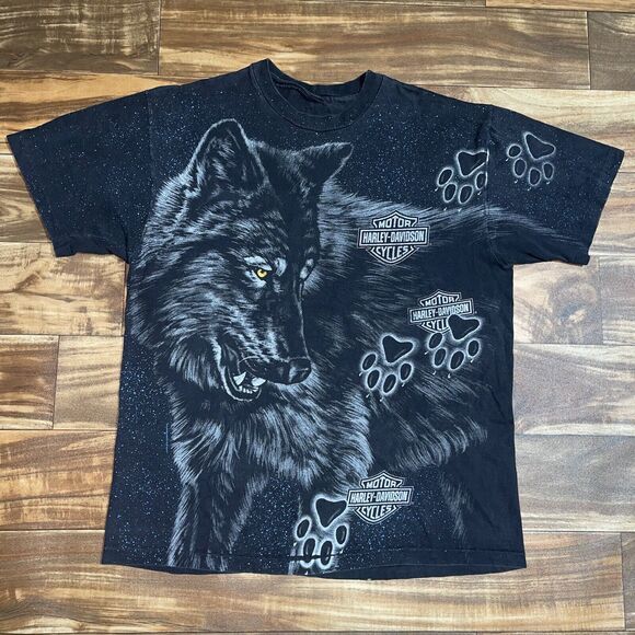 Vintage 90s Harley Davidson Wolf All Over Print 1994 T-Shirt Mens Size Large